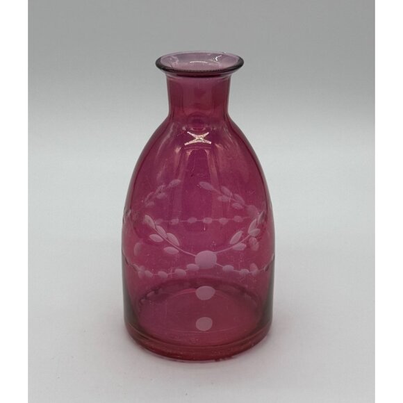 Vintage Czech Etched Cranberry Glass Cut-To-Clear Vase/Decanter - Picture 1 of 8